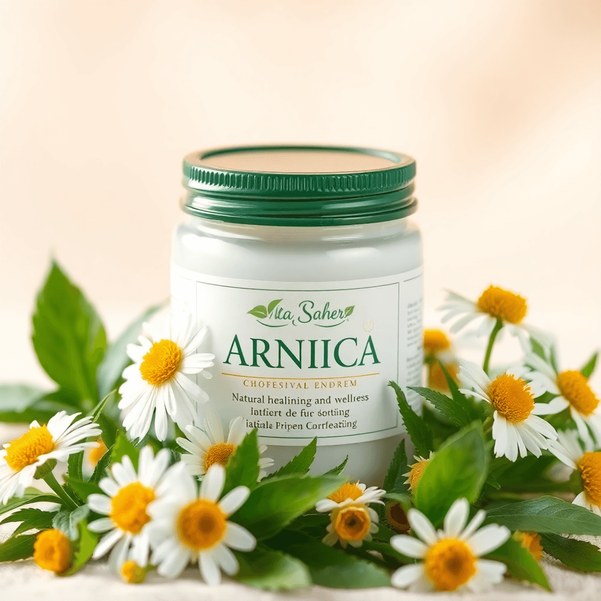 A jar of arnica cream surrounded by fresh arnica flowers and green leaves on a soft, inviting background, symbolising natural healing and wellness.