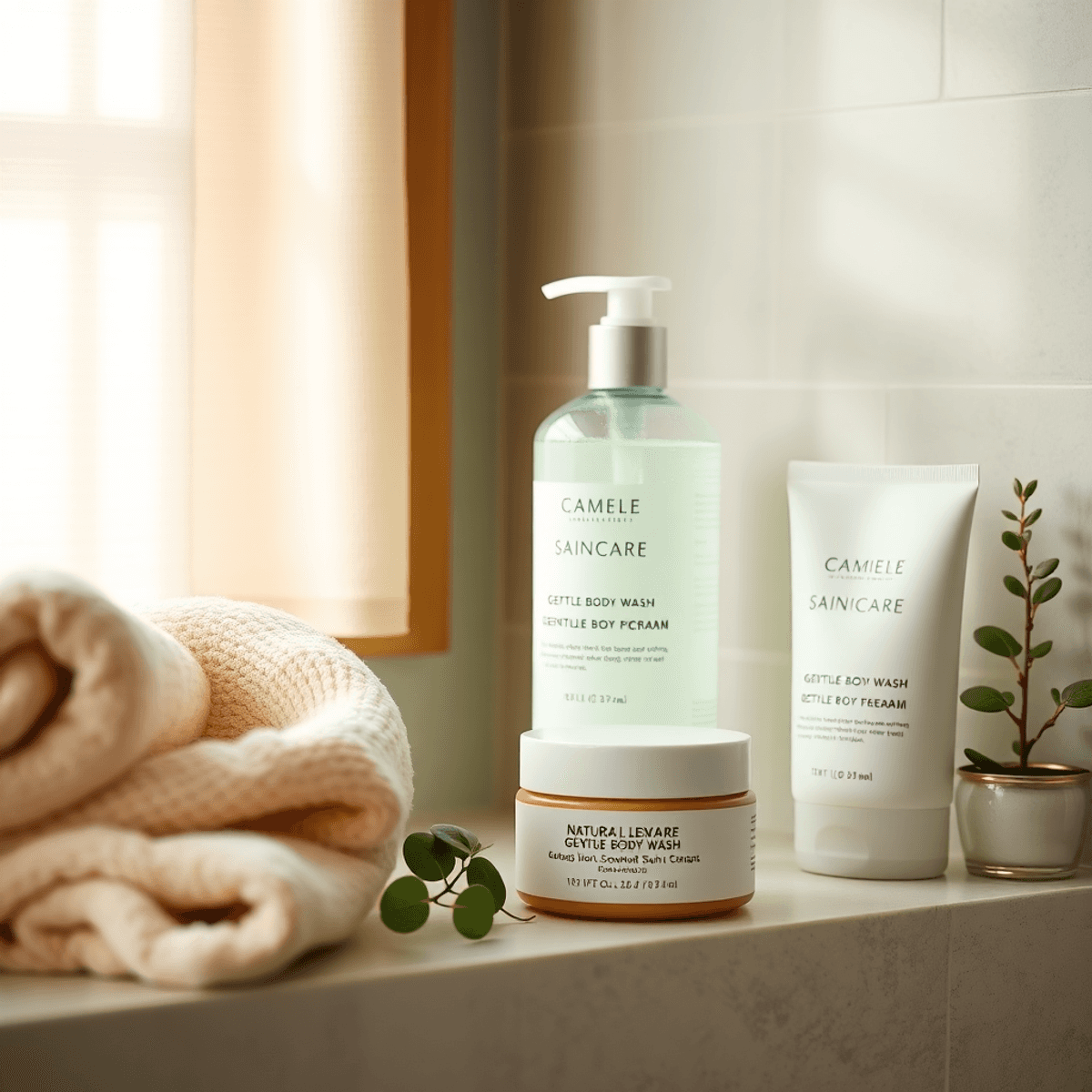 A serene bathroom featuring natural skincare products, soft lighting, calming colors, a plush towel, and a small plant, creating a cozy atmosphere for self-care.