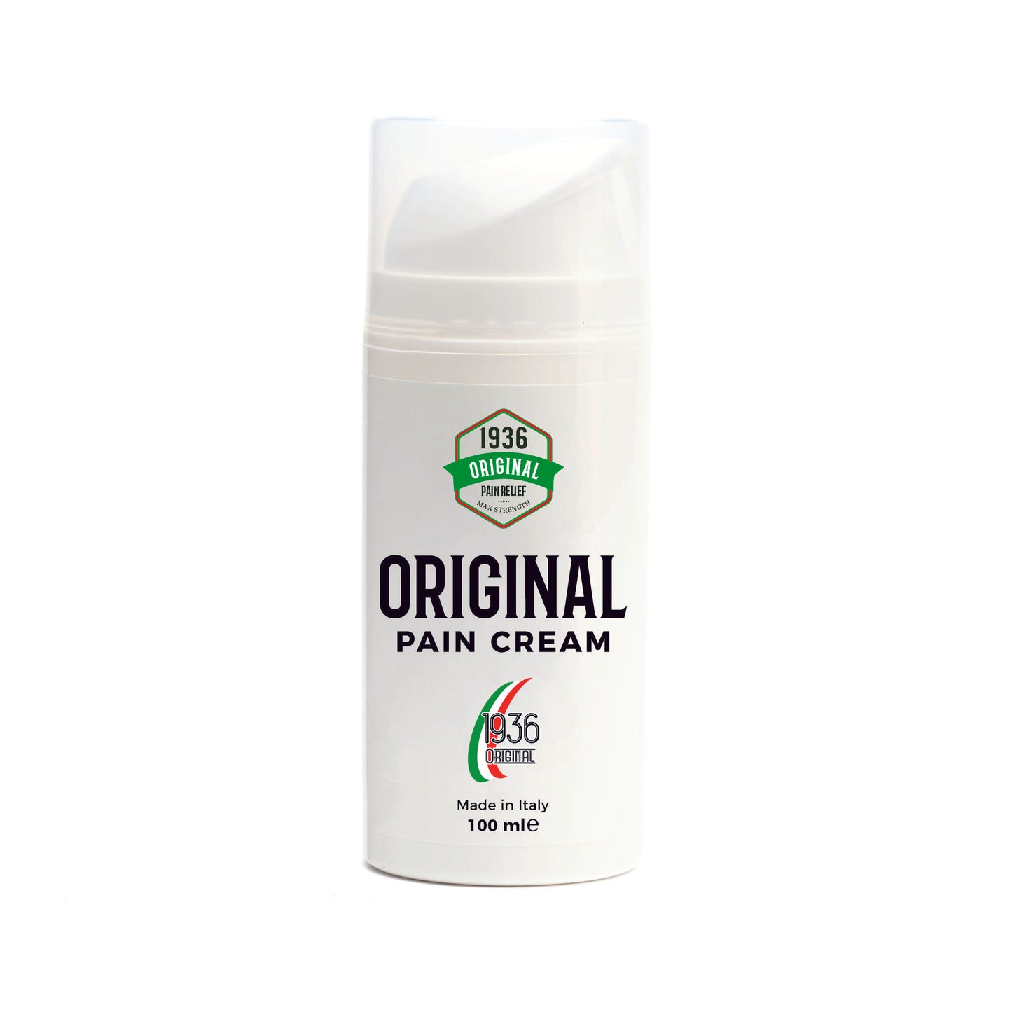 A white bottle of Original Pain Relief Cream features a green and red seal, labeled 1936 Original Pain Relief. Made in Italy with 100 ml of natural anti-inflammatory ingredients, it boasts a minimal and professional design.