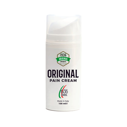 A white bottle of Original Pain Relief Cream features a green and red seal, labeled 1936 Original Pain Relief. Made in Italy with 100 ml of natural anti-inflammatory ingredients, it boasts a minimal and professional design.
