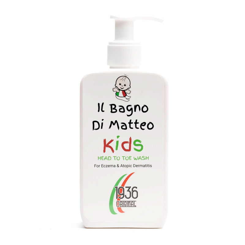 The Complete Eczema Treatment Bundle - Matteo Cream and Body Wash, featuring a white bottle with a cartoon baby and product details.