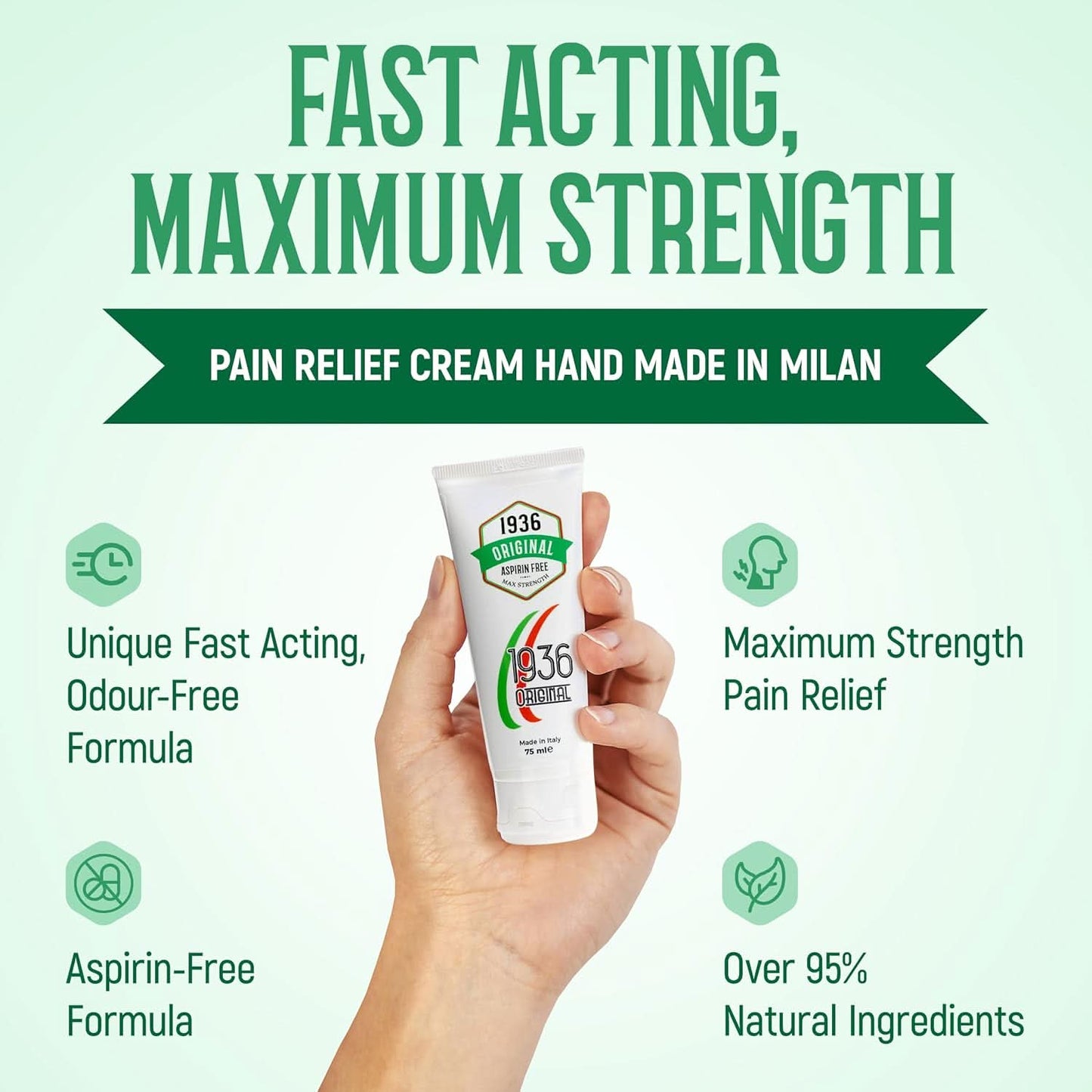 A hand holds a tube of 1936 Original's Nodol Aspirin-Free Pain Cream, designed for back, joint, knee, neck, and muscle pain relief. The text highlights its features: fast-acting and maximum strength with a handmade formula from Milan that's odor-free and contains over 95% natural ingredients. The light green background is adorned with decorative icons.